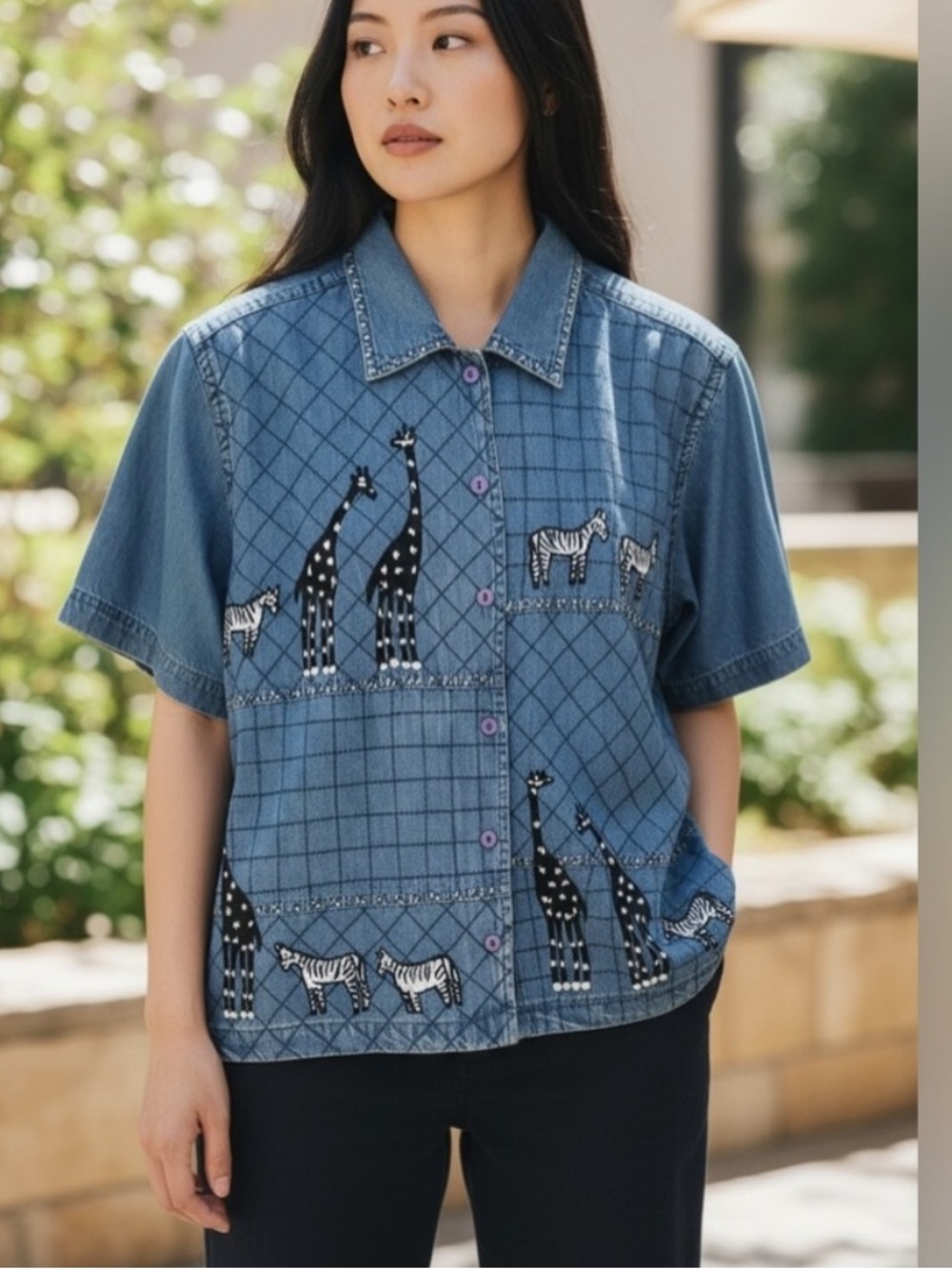 Vintage Embroidered Denim Shirt Zebra Animal Button Up 90s Cottagecore